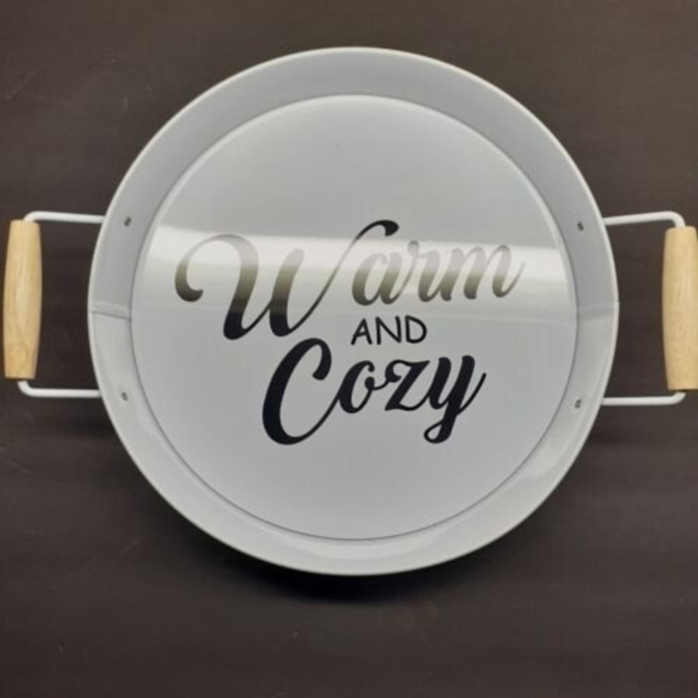 Warm & Cozy Decorative Round Metal Tray with wooden handles Black and White